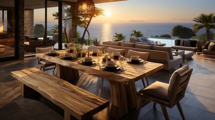 Fototapeta premium A dining table with chairs and a bench in front of the ocean