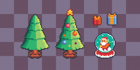 The Christmas collection pixel art of Christmas tree, Christmas globe and Gifts, asset for game, banner, artwork, vector illustration isolated on grid background.