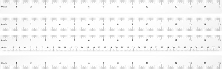 School simple ruler for scale size, length and width of geometrical chart silhouette in mathematics. Mm, cm and inch measure systems. Graph drawing tool - obrazy, fototapety, plakaty