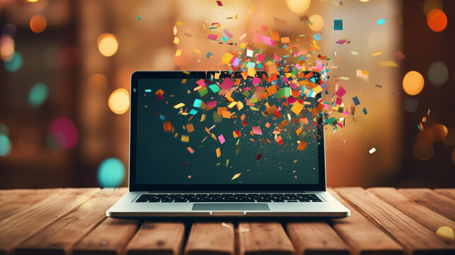 Confetti coming out of laptop computer screen.