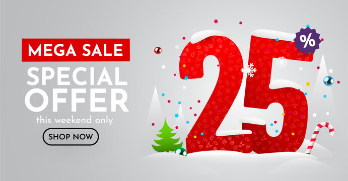 25 percent Off. Discount creative composition. Merry Christmas and Happy New Year. Sale banner and poster.