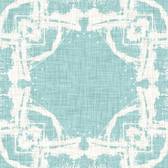 Teal aqua white vibrant watercolor batik azulejos tile background. Seamless coastal blur linen effect geometric mosaic effect.Boho Patchwork nautical masculine all over summer fashion repeat.