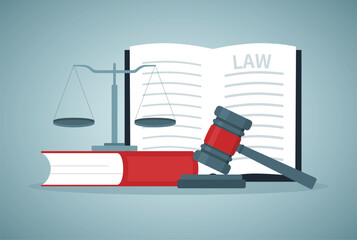 Law, Order, Court Symbols Vector Illustration. Magistrate Gavel, Scales, Cases Reports, Book. Legal Advice, Consulting Firm. Wooden Judge Hammer. Jurisprudence Textbooks