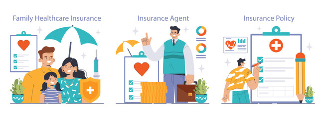 Healthcare Insurance set. A warm portrayal of family security an informed agent and the details of a policy. Comprehensive coverage depicted with care. Flat vector illustration