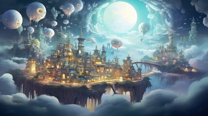 a floating city in the clouds surrounded by strange