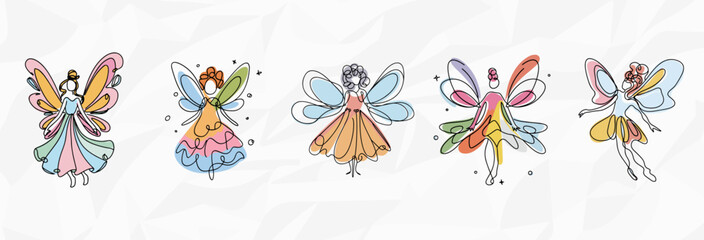 Verzauberte Farbenpracht: Bundle mit bunten Feen in Kleidern als künstlerische Lineart-Illustrationen
