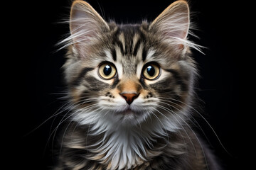 A young striped Maine Coon cat looks at the camera on a black background. Close-up portrait