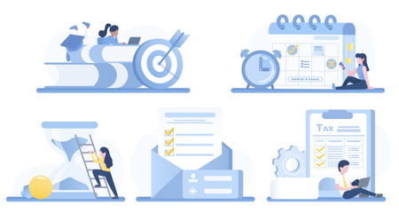 Business ideas collection set. Time management scene, planning schedule, strategy and tactical, online connection, annual tax form. Flat vector design illustration.