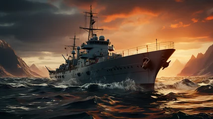 Fotobehang A Beautiful Seascape with a Modern War Ship Dramatic Cloudy Sunset Background © AI Lounge