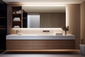 Fototapeta na wymiar A sleek and minimalist bathroom with a floating vanity, frameless mirror, and recessed lighting.