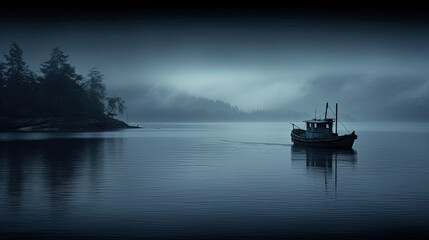A Fishing Boat on The Calm Ocean Water Through Foggy Night Background