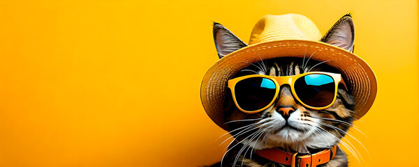 Cat wearing beach hat and sunglasses on yellow banner. Concept of summer and vacation.