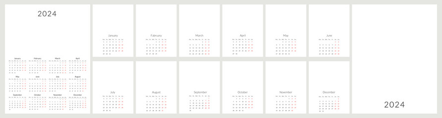 2024 calendar template with handmade watercolor illustrations - obrazy, fototapety, plakaty