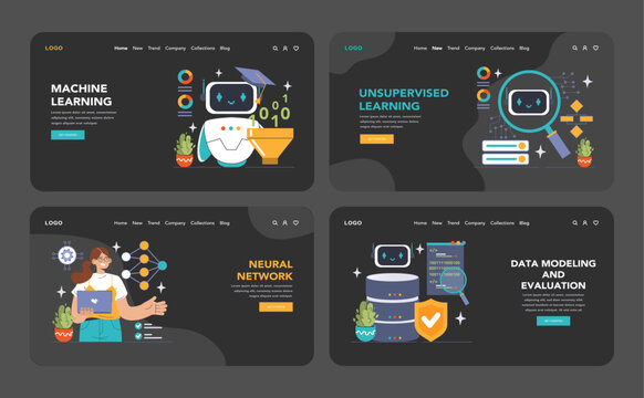 Machine Learning Set. Educational journey through AI, featuring supervised, unsupervised, and reinforcement learning. Interactive neural networks and algorithm visualization. Flat vector illustration