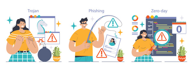 Cybersecurity set. Protecting data from threats. Users confronting various malware types: virus, ransomware, spyware. Adware dangers, botnet traps, worm intrusions. Flat vector illustration