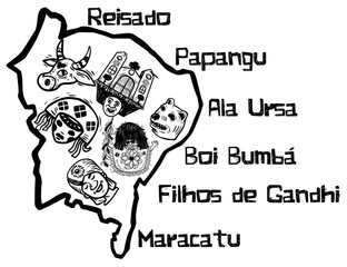 Symbols of festivities in northeastern Brazil. Reisado (kings party), Papangu, Ala Ursa (Bear Wing), Boi (Ox) Bumbá, Filhos de Gandhi (Sons of Gandhi). - obrazy, fototapety, plakaty