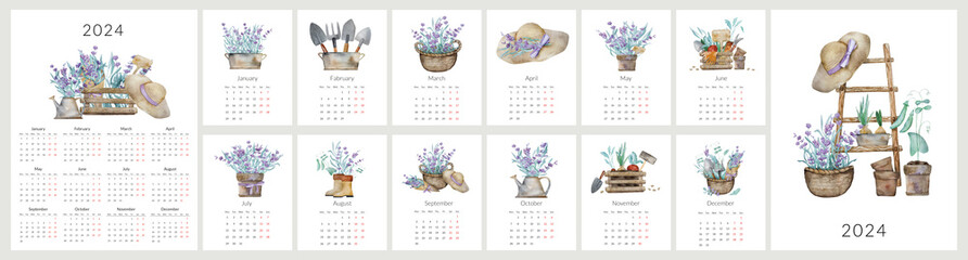 Handmade Watercolor Illustrations Of Lavender From Provence Feature In The 2024 Calendar For 12 Months - obrazy, fototapety, plakaty