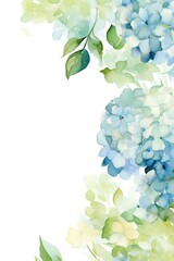 Exquisite wedding invitation with a watercolor floral design featuring pastel blue and ivory hydrangeas with copy space