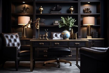 A sophisticated home office with dark wood furniture, leather accents, and brass details.