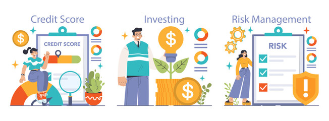 Financial Literacy Set. Engaging in credit score education, smart investment strategies and effective risk management. Financial growth and safety. Flat vector illustration