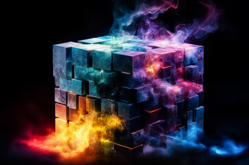 A stone cube with multicolored neon smoke. Dark background. AI
