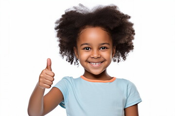 african child girl thumbs up on white background