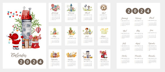 Handmade Watercolor Illustrations Feature In 2024 Calendar Spanning 12 Months - obrazy, fototapety, plakaty