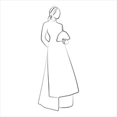 Vector illustration modern Vietnamese women wearing traditional costumes Ao Dai. Hand drawn style Fashion Luxury Glamor Elegant Woman sketch. Fashion girl in sketch-style. Vector illustrations.