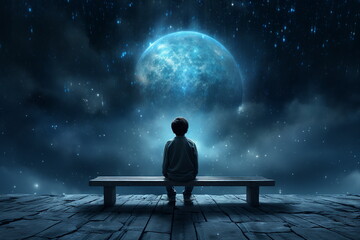 child boy sitting alone on a bench, futuristic background - obrazy, fototapety, plakaty