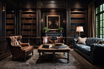 A sophisticated study with dark wood paneling, a leather chair, and built-in bookshelves for a classic ambiance.
