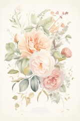 Romantic wedding invitation showcasing a watercolor arrangement of antique roses with copy space