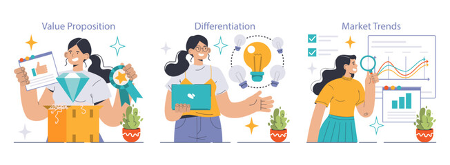 Business strategy set. Expert showcasing value proposition, innovation for product differentiation, analyzing market trends. Idea breakthrough. Digital analysis. Flat vector illustration