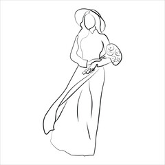 Vector illustration modern Vietnamese women wearing traditional costumes Ao Dai. Hand drawn style Fashion Luxury Glamor Elegant Woman sketch. Fashion girl in sketch-style. Vector illustrations.