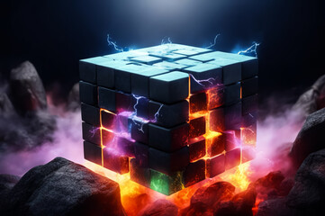 A stone cube with multicolored neon smoke. Dark background. AI
