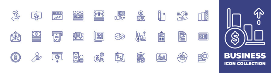 Business line icon collection. Editable stroke. Vector illustration. Containing graphic, safebox, coins, revenue, taxes, dollar, hierarchy, growth, bank, dashboard, cash point, panel, contract.