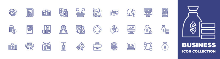 Business line icon collection. Editable stroke. Vector illustration. Containing atm, money bag, handshake, money, briefcase, donation, deal, bank, id card, investment, business card, pie chart.
