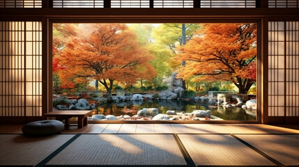 日本の畳がある和室の大きな窓から見る庭の紅葉の景色、光が差し込む明るい部屋、日本庭園