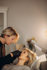 Naklejka premium Amazing brunette woman having lip permanent procedure at the beauty studio.