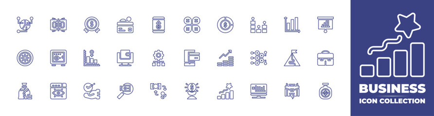 Business line icon collection. Editable stroke. Vector illustration. Containing presentation, suitcase, money bag, analytics, payment, growth, grow up, hierarchy, money, achievement, bar chart.