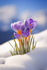 Beautiful Crocus Flowers in Snow 	