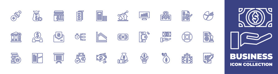 Business line icon collection. Editable stroke. Vector illustration. Containing stamp, contract, profits, money, money bag, graph, restaurant, letter, presentation, lease, check, cash, debt, hierarchy