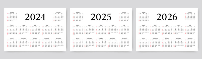 Calendars for 2024, 2025 and 2026 years. Pocket or wall calender layout. Week starts Sunday. Yearly organizer with 12 month. Scheduler template. Vector simple illustration. Landscape orientation, A4. - obrazy, fototapety, plakaty