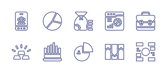 Business line icon set. Editable stroke. Vector illustration. Containing online banking, graph, money bag, pie chart, briefcase, gold, statistics, bar chart, organization.