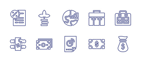 Business line icon set. Editable stroke. Vector illustration. Containing tax, growth, gdp, briefcase, conference, money, report, money bag.