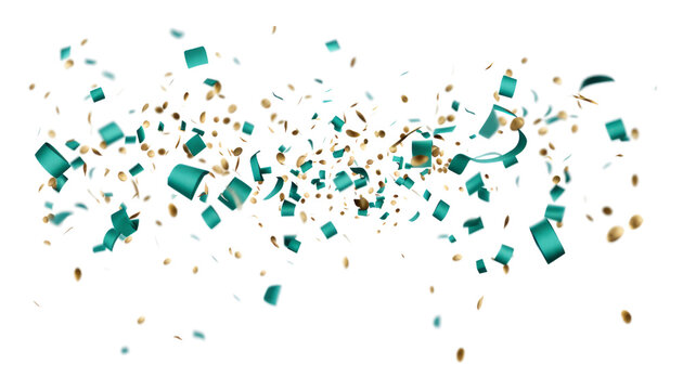 flying gold green colorful confetti isolated on transparent background cutout