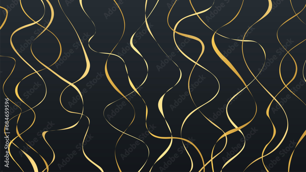 Poster Gold lines. Abstract background with hand drawn golden wavy lines pattern. Black background. Vector illustration.	
