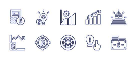 Business line icon set. Editable stroke. Vector illustration. Containing budget, solution, analysis, bar chart, career promotion, statistics, target, coin, idea, money.