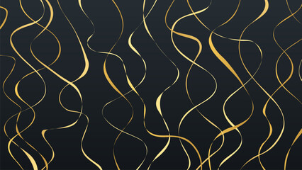 Gold lines. Abstract background with hand drawn golden wavy lines pattern. Black background. Vector illustration.	
