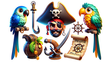 Pirate cartoon 3D set - obrazy, fototapety, plakaty