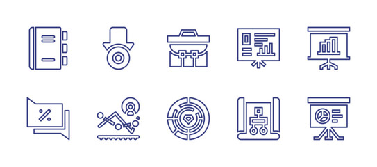 Business line icon set. Editable stroke. Vector illustration. Containing agenda, conversation, losses, briefcase, flow chart, presentation, chart, challenge, project, data analysis.